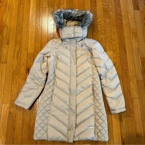 Kenneth Cole Reaction Womens Small Tan Champagne Faux-Fur-Trim Hood Puffer Coat